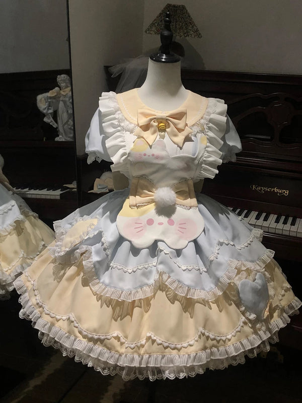 Sweet Tea Girl sweet Lolita yellow short sleeve OP dress with tiered skirt and white lace trim displayed on a mannequin
