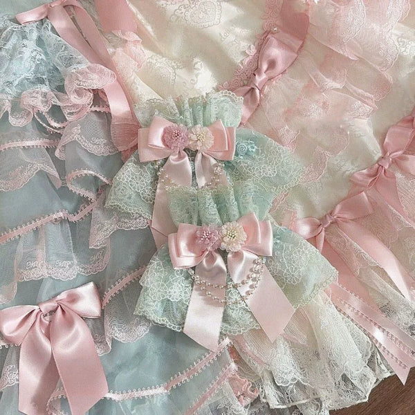 Independent Brand light green Lolita arm sleeves with pink satin flower bows