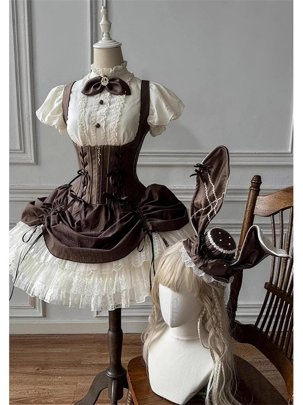 Creamy Little Rabbit brown JSK four-piece set with rabbit-ear hat