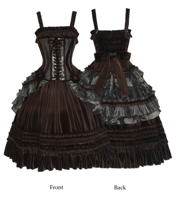 Nololita Dream in Dream JSK shown from front and back with a lace-up bodice and ruffled skirt.