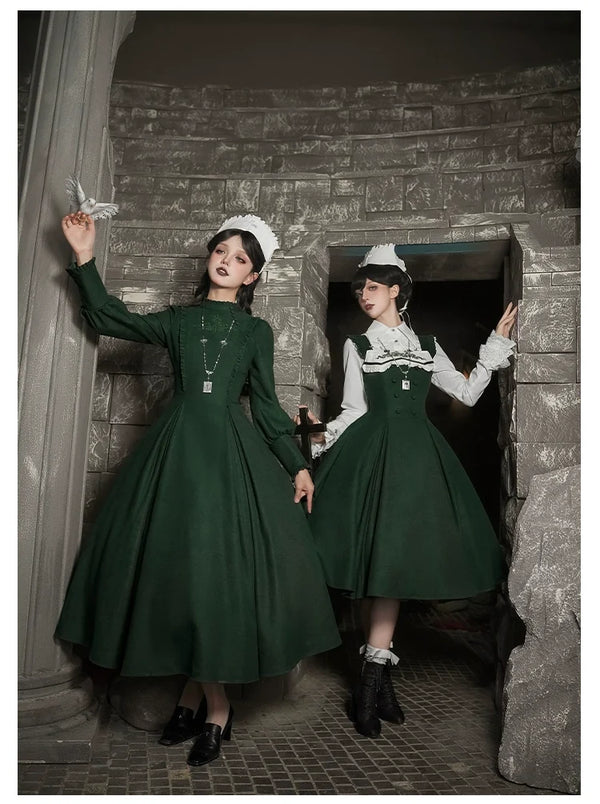 With PUJI - Abyss Clinic - Gothic Lolita Green Dress Set, Embroidery Accent
