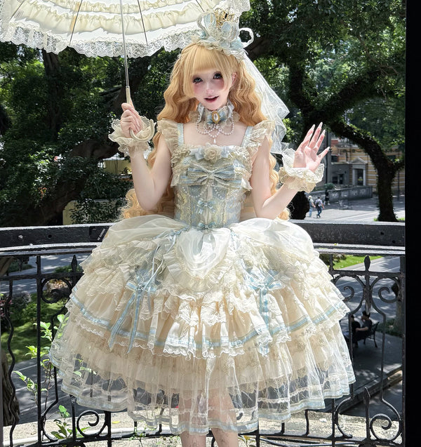 Pale blue and ivory Clear Sky JSK with layered lace shown on a model.