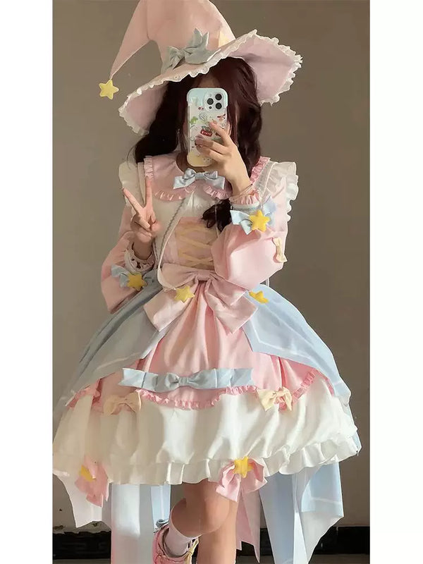 Blue-pink sweet lolita long-sleeve OP dress with extended train, featuring puffed bishop sleeves and corset-style lacing