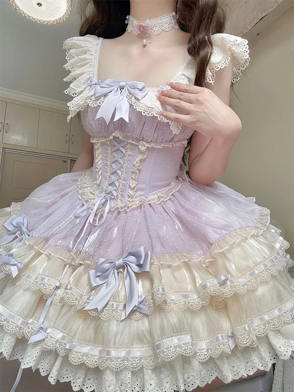 Creamy purple ballet-style JSK with cream ruffles and bow details