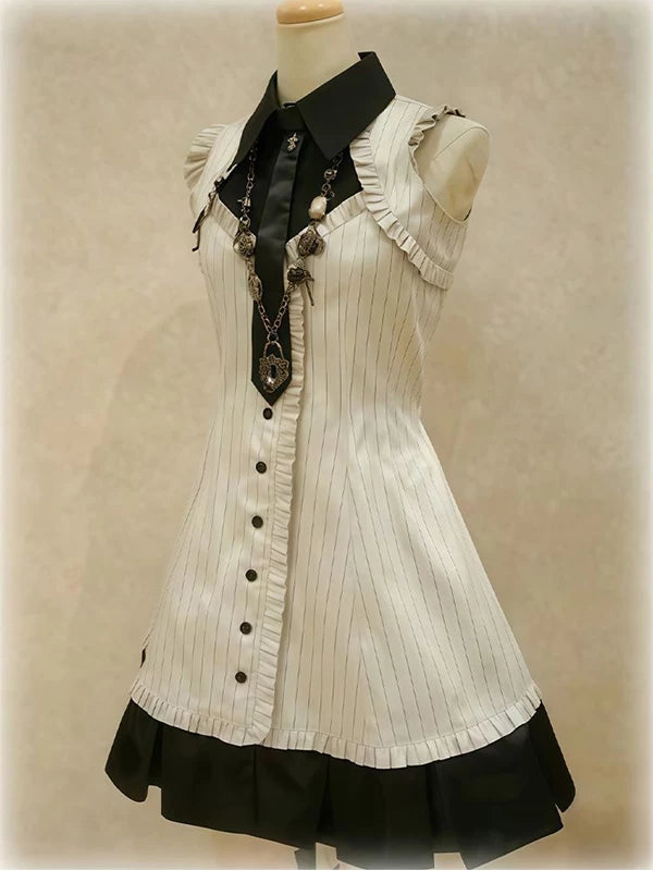 Creamy black-and-white striped sleeveless OP dress with a black collar on a mannequin.