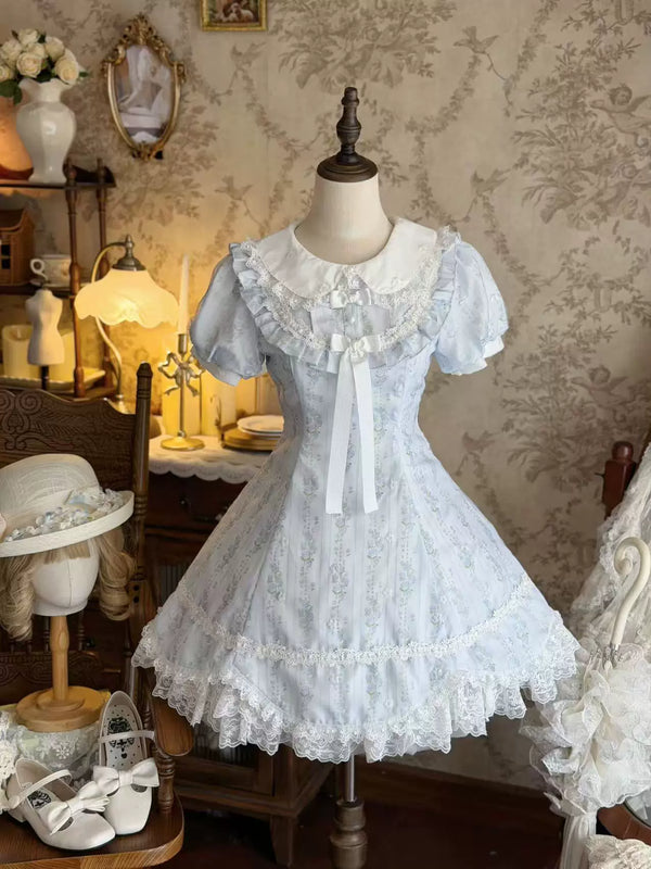 Yanran sweet Lolita OP dress in pale blue with silver floral print, Peter Pan collar and lace trim