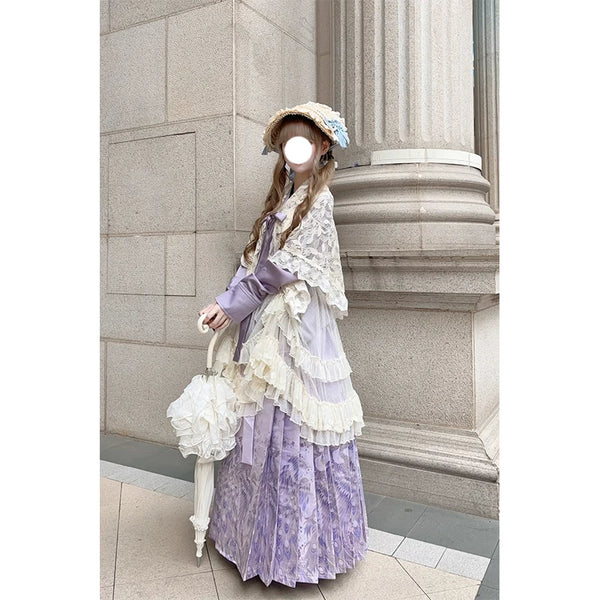 Creamy - Purple Cross-Collar - Hanfu-Inspired Lolita Set with Mamian Skirt and Beige Layers