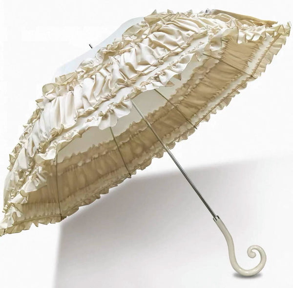 Ruffled lace parasol with a curved handle shown open from the underside.