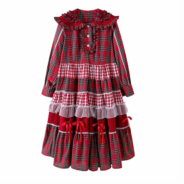 Red plaid Vintage Lolita OP dress with doll collar and ribbon bow