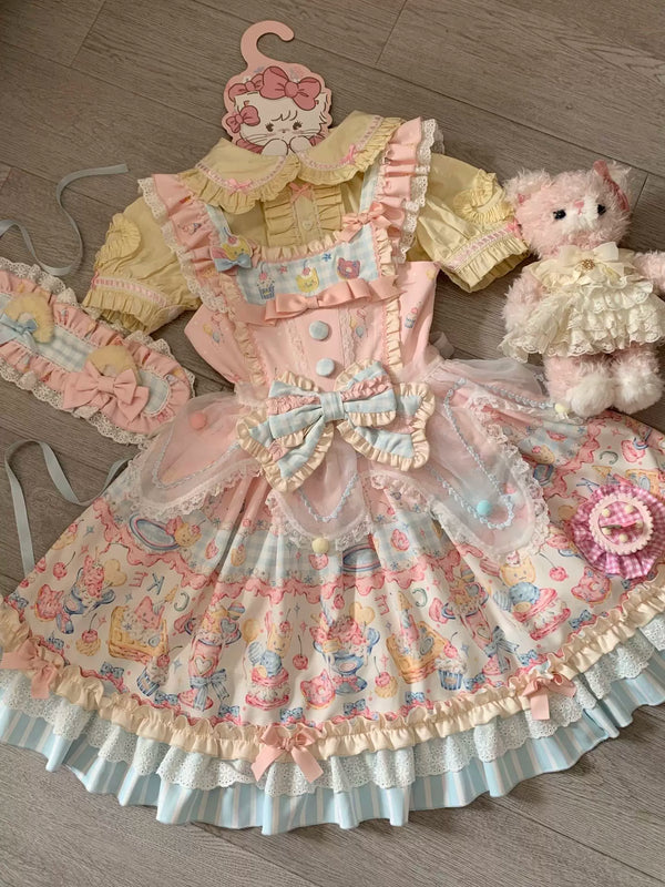 Salty Dots Sweet Lolita dessert print one-piece dress displayed on a mannequin with matching headpiece and plush bear accessory