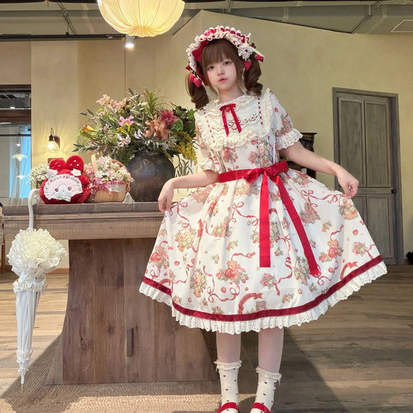 Thousand Wood - Bear's Strawberry Garden - Waistless OP Dress with Bear and Strawberry Prints