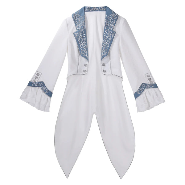 White and blue Ouji Lolita tailcoat set with embroidered trim and pointed tail