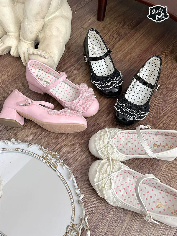 Sheep Puff Satin Cake Mary Jane Shoes featuring satin material, classic strap, and decorative cake motif on a stylish shoe.