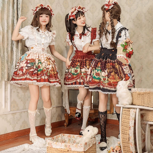 Cute leopard cat and crown bear themed Lolita Fetch SK skirt featuring playful, colorful design perfect for daily wear.