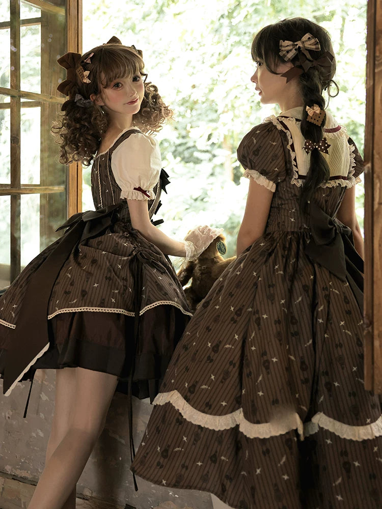 Two models wearing Inmorelli Morocco Cocoa brown hot-air-balloon OP dresses in short and long lengths