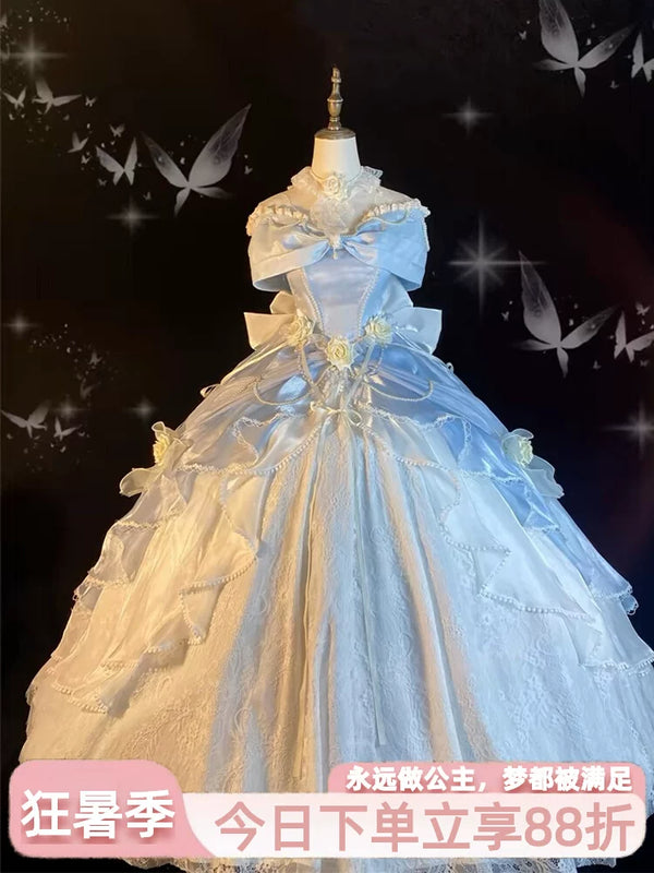 Flora Muse Rose Encounter blue lolita ball gown with off-shoulder lace trim, displayed on a cream mannequin