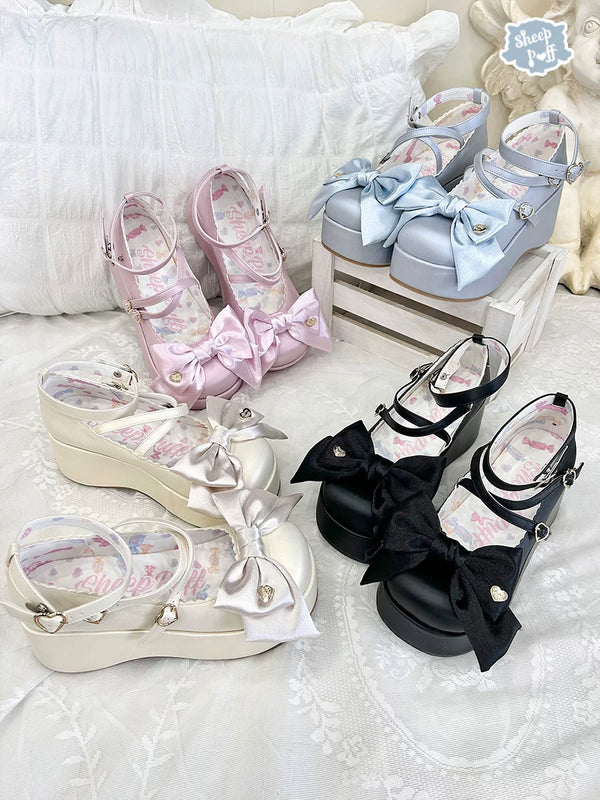 Sheep Puff Satin Doll Platform Lolita Shoes featuring satin material and platform design, styled with decorative bows and a sturdy sole.