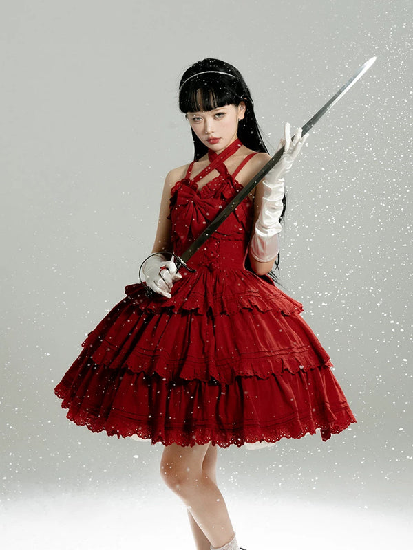 Black solid-color Lolita dress with halter neck, tiered scalloped lace skirt, and optional detachable puffy sleeves