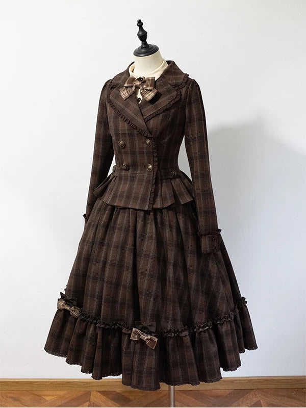 Brown plaid three-piece Lolita set with tailored jacket, flared skirt and bow