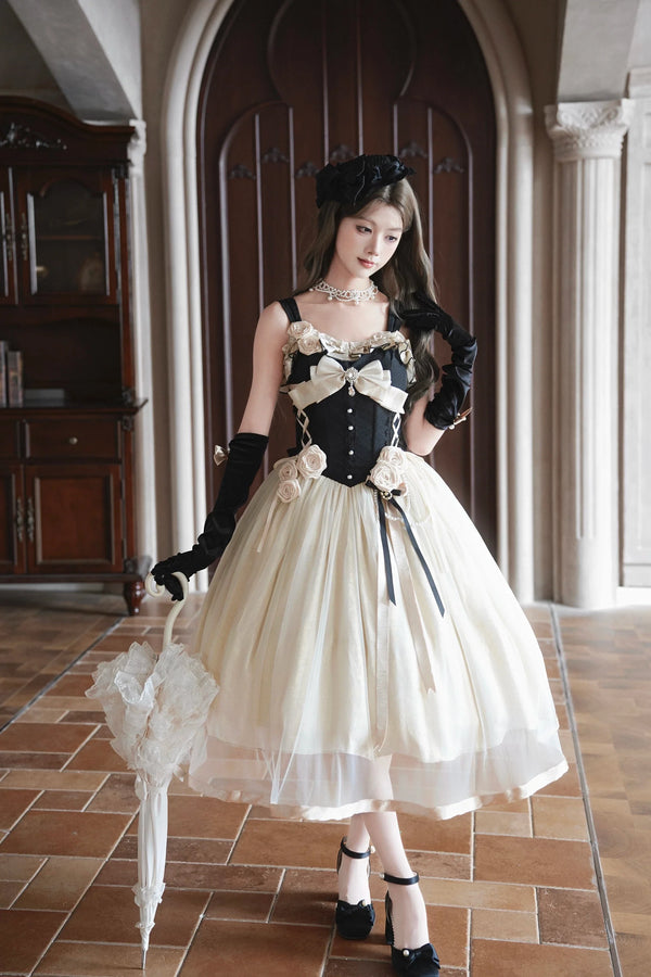 Qianmu - Paris Souvenir - Classic Lolita Corset JSK Dress with 3D Rose Decor