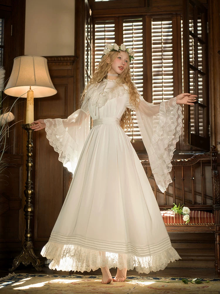 Inmorelli Edward Nightdress ivory OP dress with wide lace-trimmed sleeves and layered hem