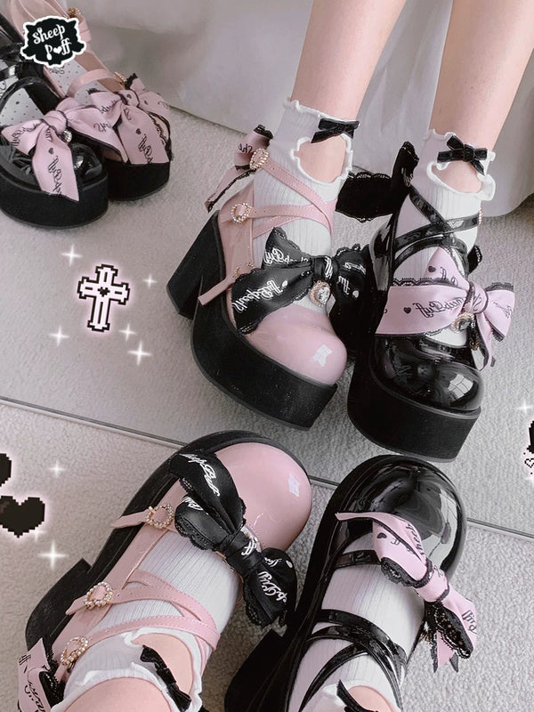 Black and pink Sheep Puff Lolita shoes with lace platform design, featuring a cute sheep puff detail on the shoes.