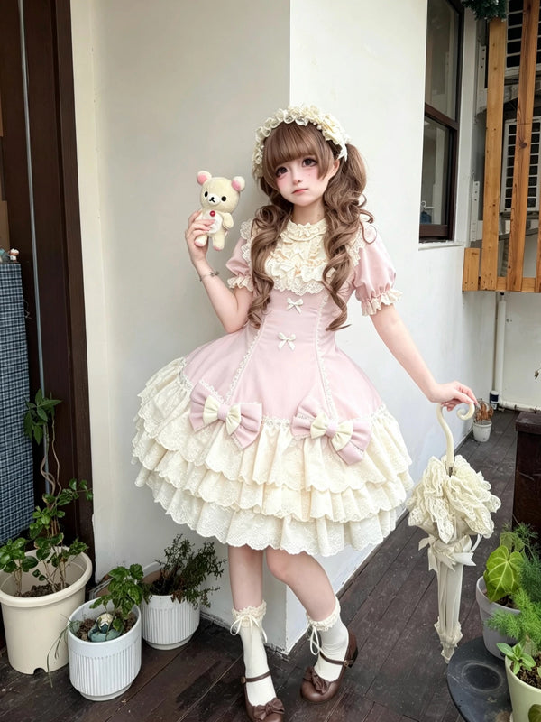 Pink Sweetheart Cream Cream Tart sweet lolita tiered cake dress with lace trim and puffed sleeves