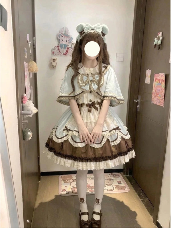 Creamy mint and brown JSK coordinated set with cape and layered lace details