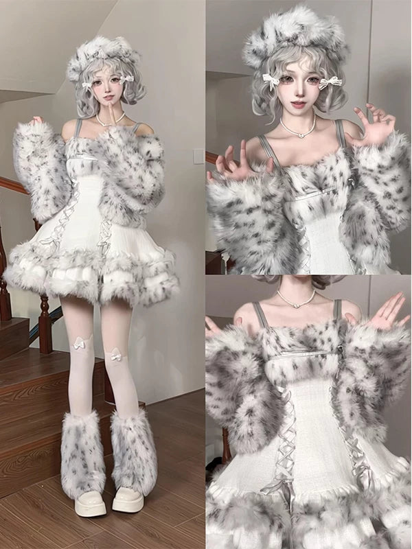 Grey-and-white fluffy coat and white dress set with leg warmers