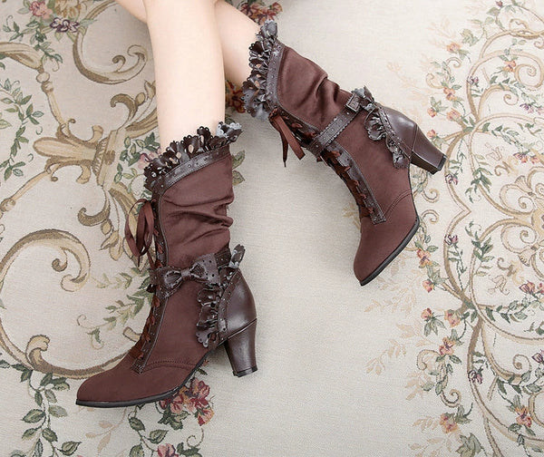 Sosic - Meteorite's Wound - Winter Gothic Lolita Boots Dark Velvet Mid-Calf Heels