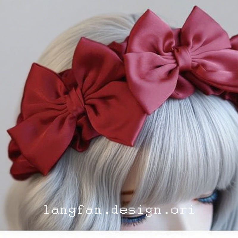 Original Handmade Red Wine Red Bow Hairband Headband Japanese Korean Lolita Ruffled Frill