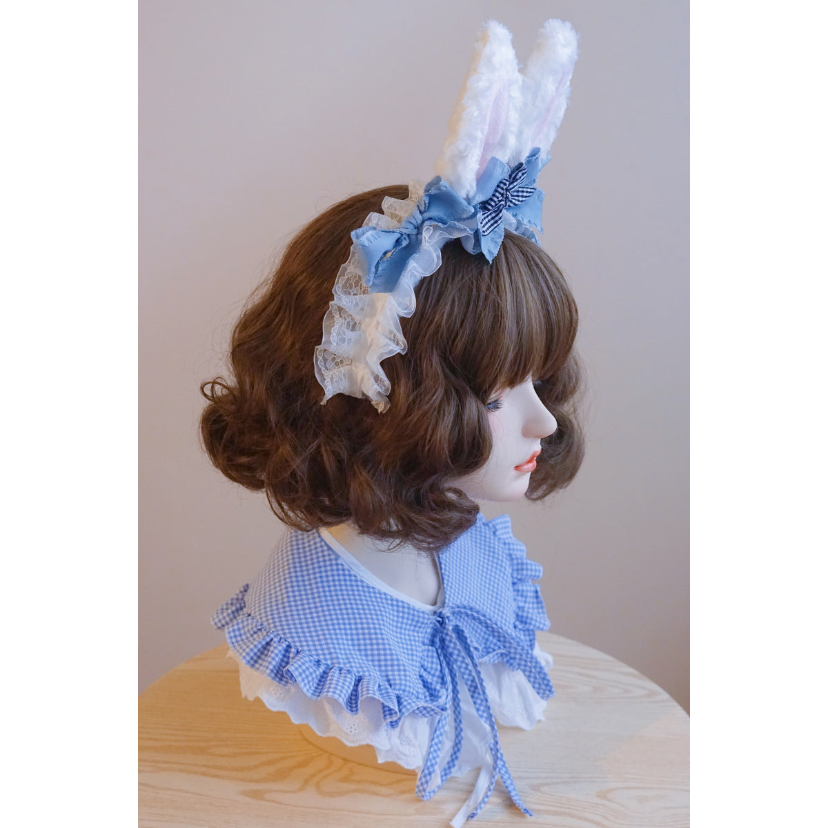 Original Handmade Light Blue Rabbit Ear Headband with Ruffled Edge Lolita Animal Ear Alice