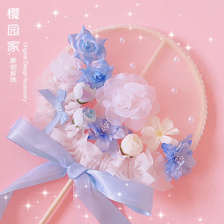 Original Handmade Blue Sakura Lolita Long Handle Round Fan Gorgeous Tea Party Lolita Fairy Wand Photo Prop