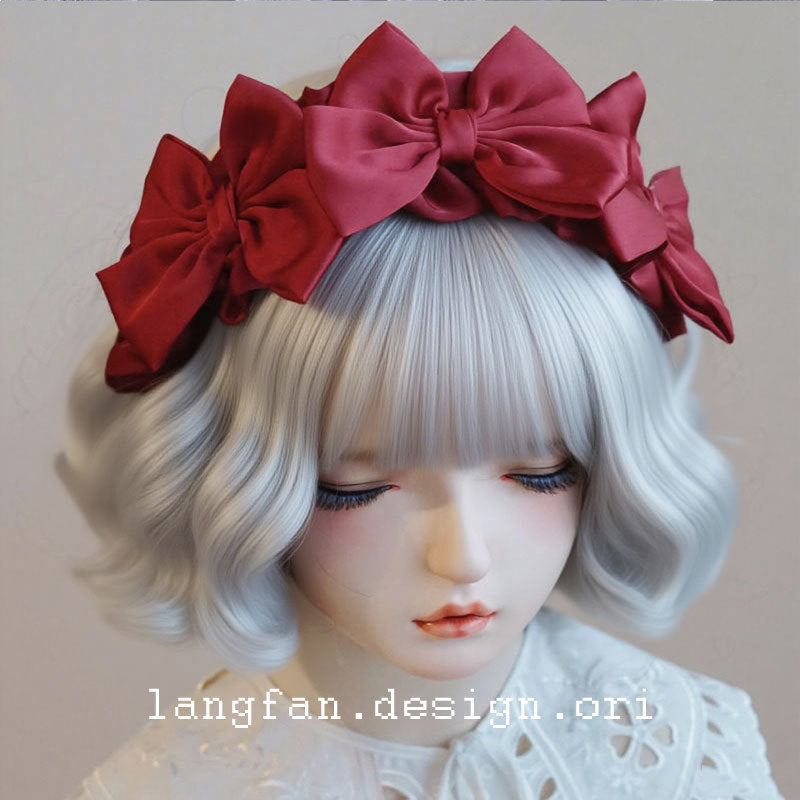 Original Handmade Red Wine Red Bow Hairband Headband Japanese Korean Lolita Ruffled Frill