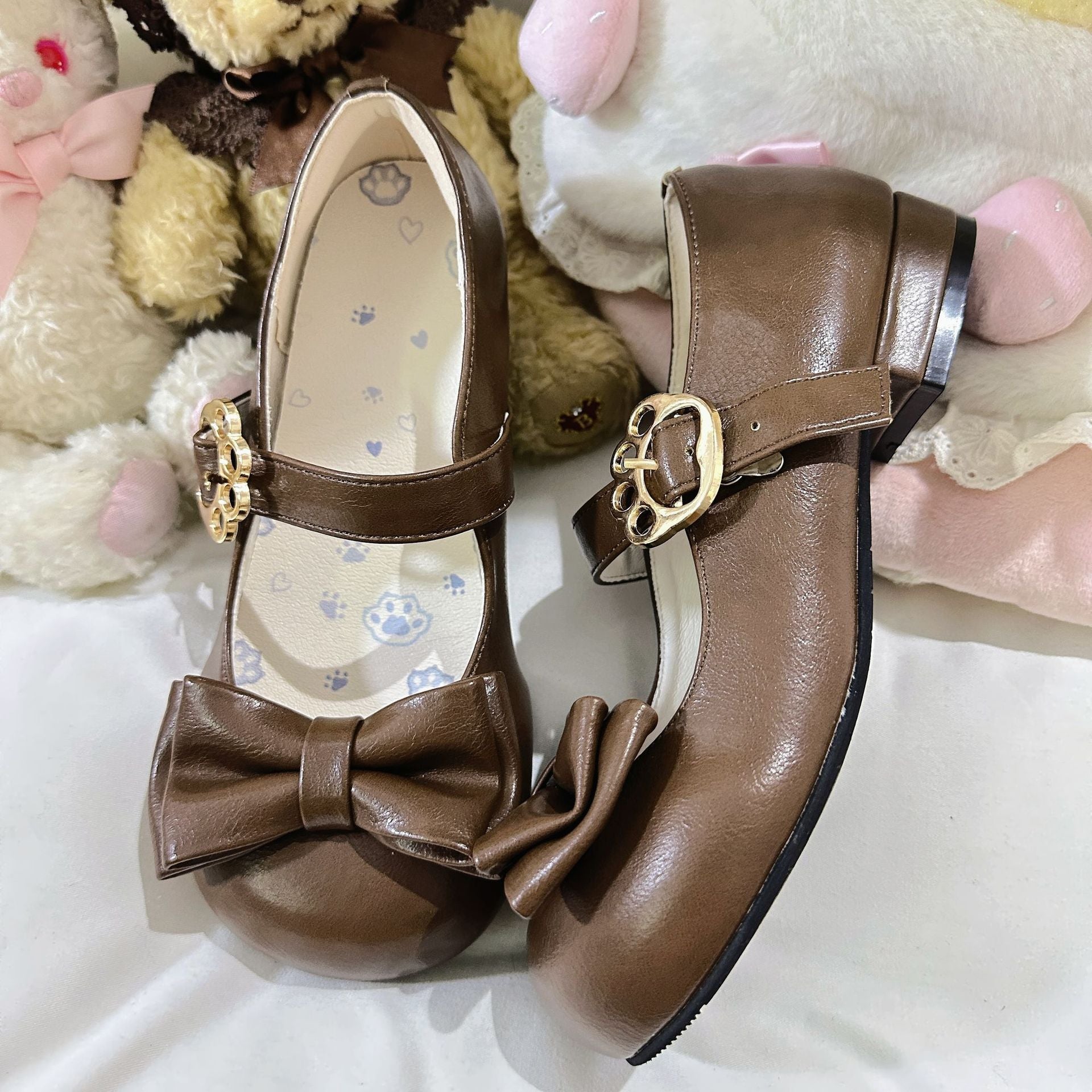 "Meow Roundy" Mid-Low Heel Lolita Shoes with Bows | Versatile Cute Girls' Leather Flats