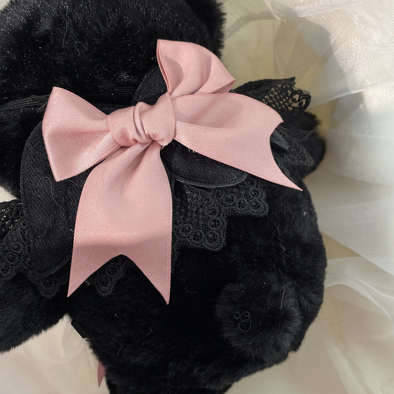 Original Handmade Design Lolita Black Eye Mask Bear Bag - Single Shoulder Black Velvet Handbag