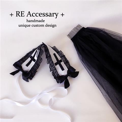 Handmade Original New Lolita Dark Night Saint Church Cross Embroidery Shiny Rhinestone Shawl Veil