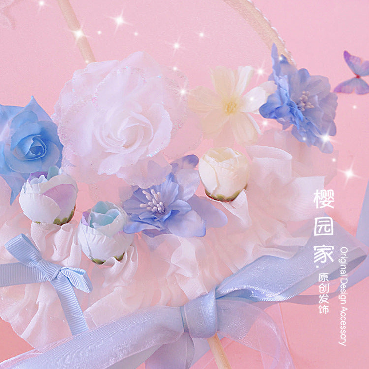 Original Handmade Blue Sakura Lolita Long Handle Round Fan Gorgeous Tea Party Lolita Fairy Wand Photo Prop