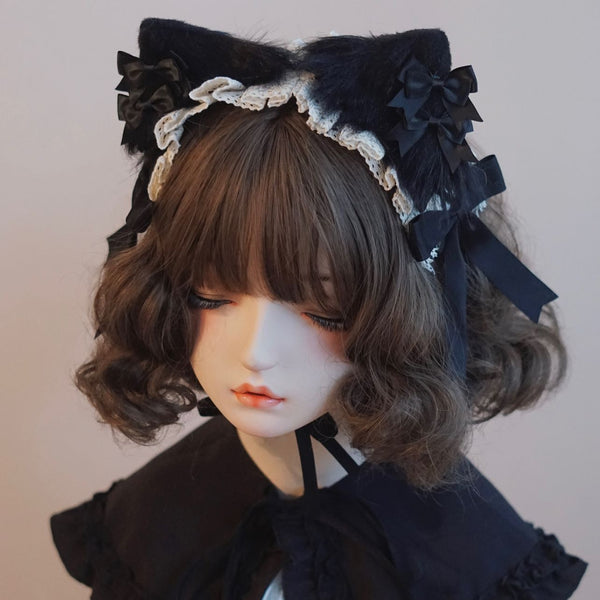 Original Handmade Black and White Bow Cat Ear Headband Lolita Kc - Lolita Fetch