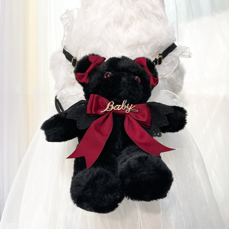 Original Handmade Design Lolita Black Eye Mask Bear Bag - Single Shoulder Black Velvet Handbag