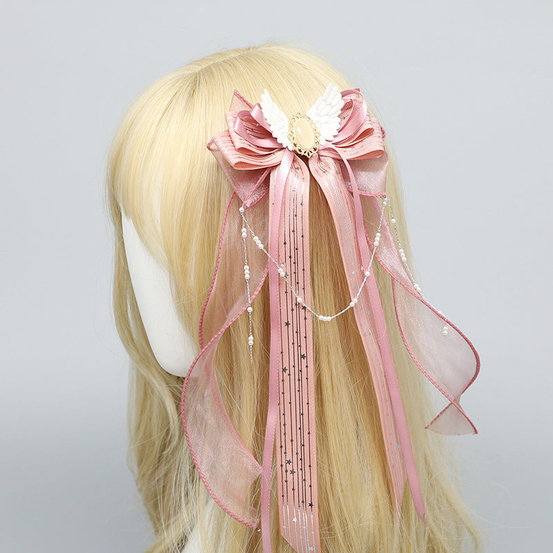 Handmade Lolita Gauze Ribbon Hair Clip Pink Lotus Cat's Eye Stone Clip
