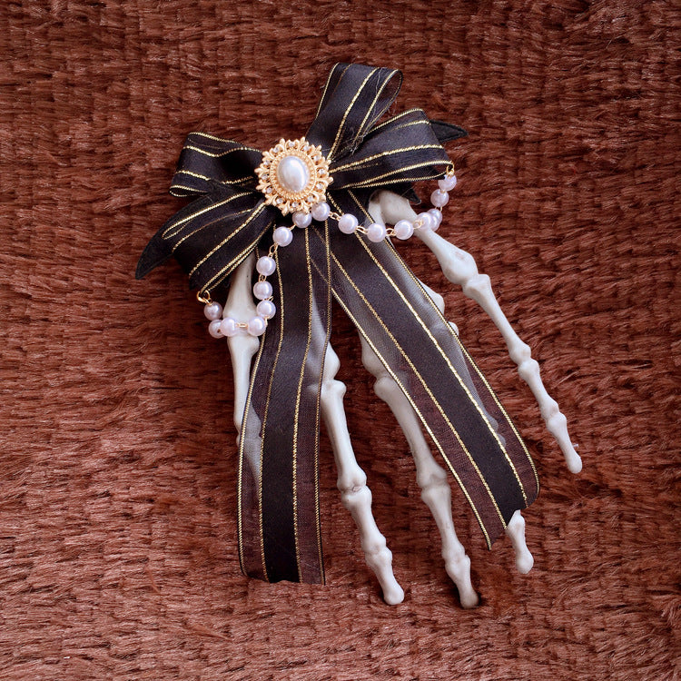 Halloween Gothic Lolita Pearl Chain Hair Clip Dark Style Skull Claw Wing Bow Hair Clip Brooch