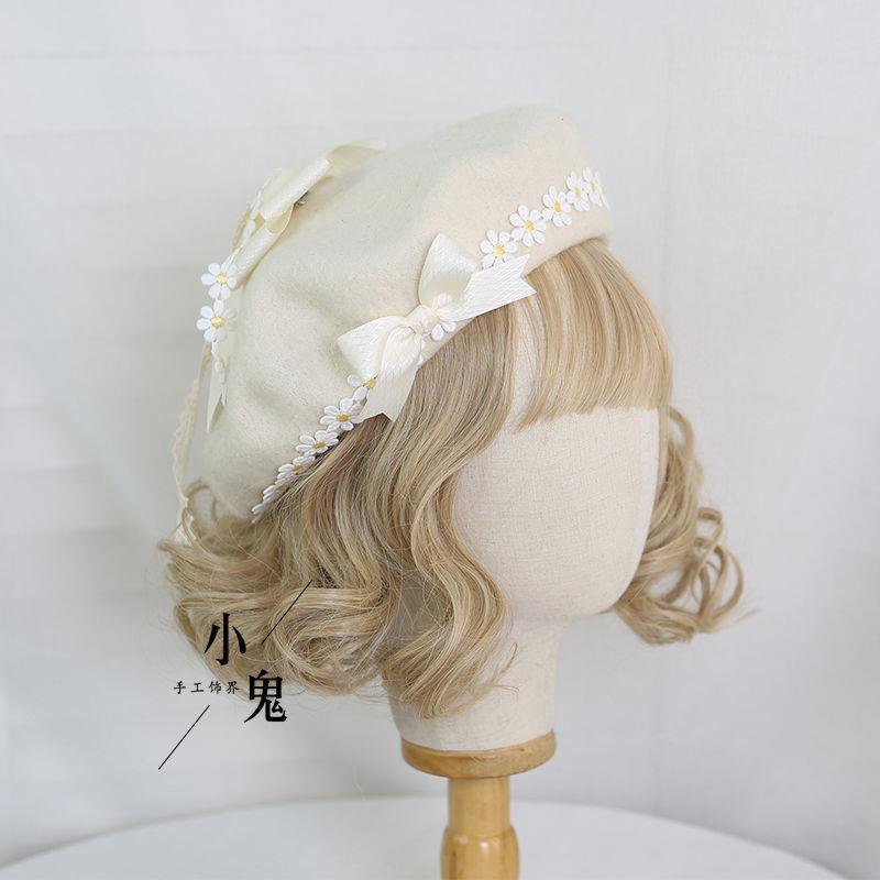 Handmade Original Mori Style Bowknot Beret Hat with Daisy Lace Soft Cute Lolita Handmade Beret Hat