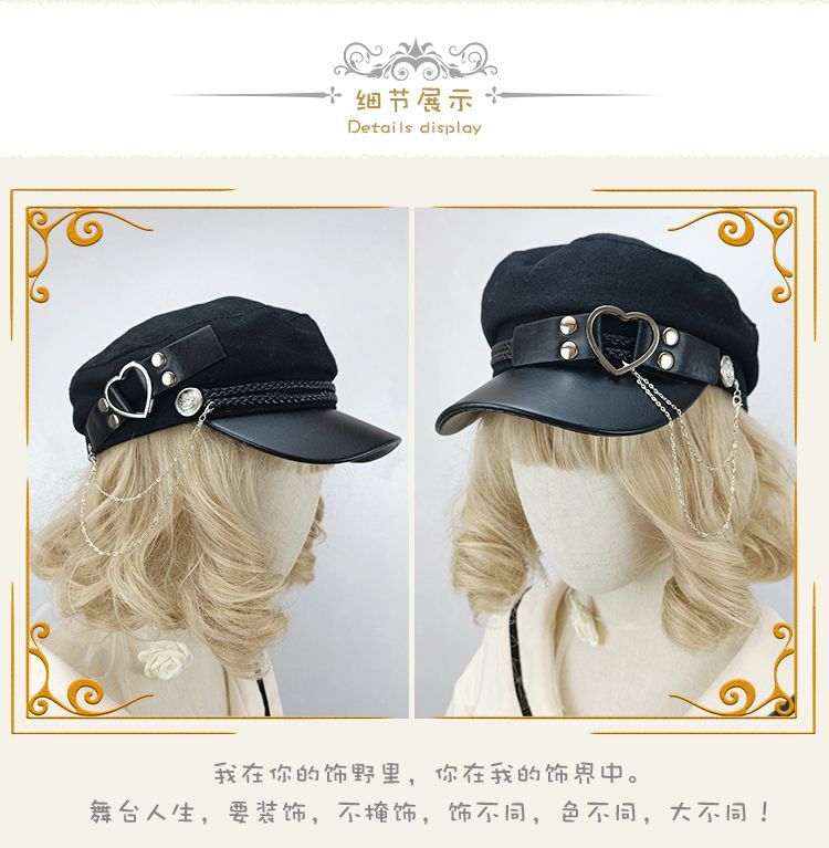 Original Woolen Military Lolita Beret Octagonal Hat Metal Hard Girl Joker Girl Punk Gothic Hat for Women