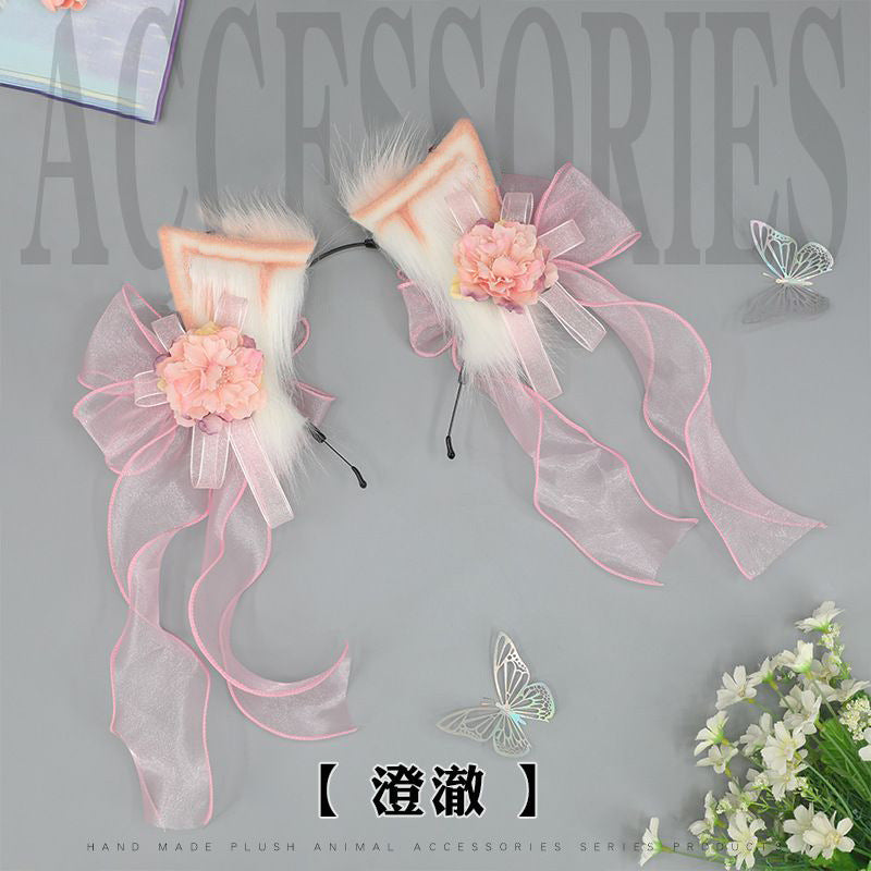 Gorgeous Handmade Lolita Elements Ancient Style Chinese Style Hanfu Hair Accessories Artificial Flower Plush Animal Ear Headband Bow Cat