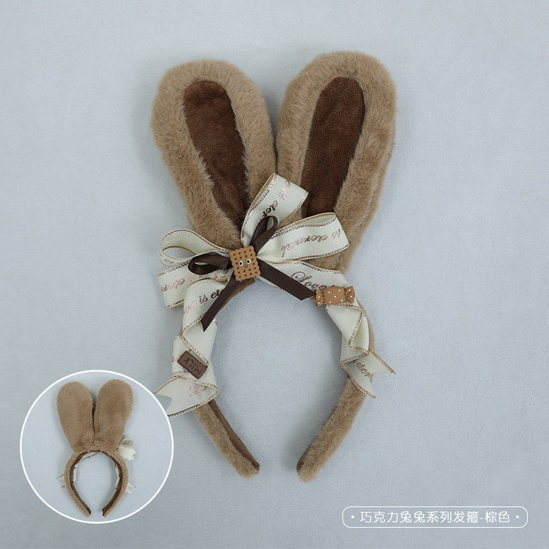 Handmade Japanese JK Style Lolita Hair Accessories Chocolate Bunny Plush Bunny Ears Headband Bangs