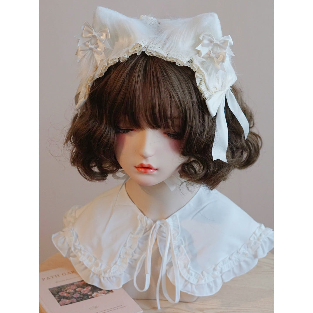 Original Handmade White Cat Ear Bow Hairband with Ruffled Edge Japanese Korean Lolita Style