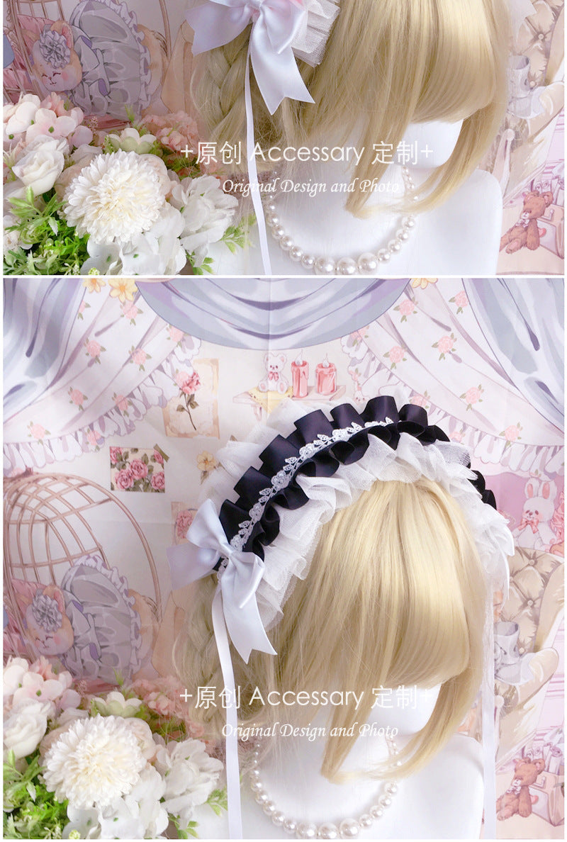 Homemade Doll-Style Lace Headband Lolita Hair Accessory Natural Color Hair Ornament Pink and White Bridal Handmade Small Item