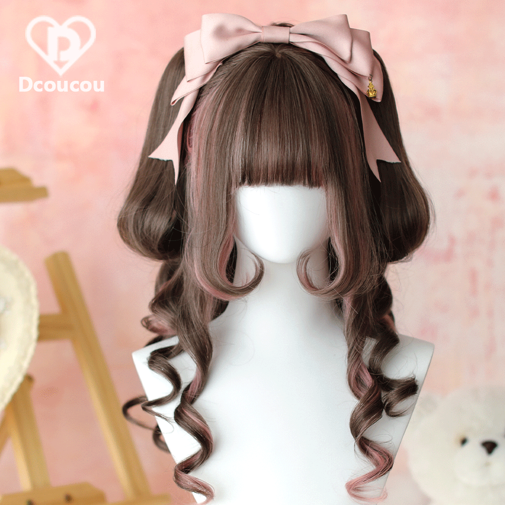 Dcoucou - Heartless Bunny - 45cm Long Curly Hair Tiger Clip Double Ponytails Lolita Wig