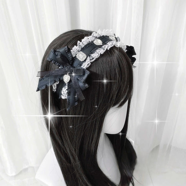 Original Handmade Lace Heart Rhinestone Bow Lace Headband Lolita Hair Accessory - Lolita Fetch